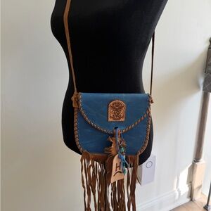 Blue and Brown Leather Fringe Crossbody Bag